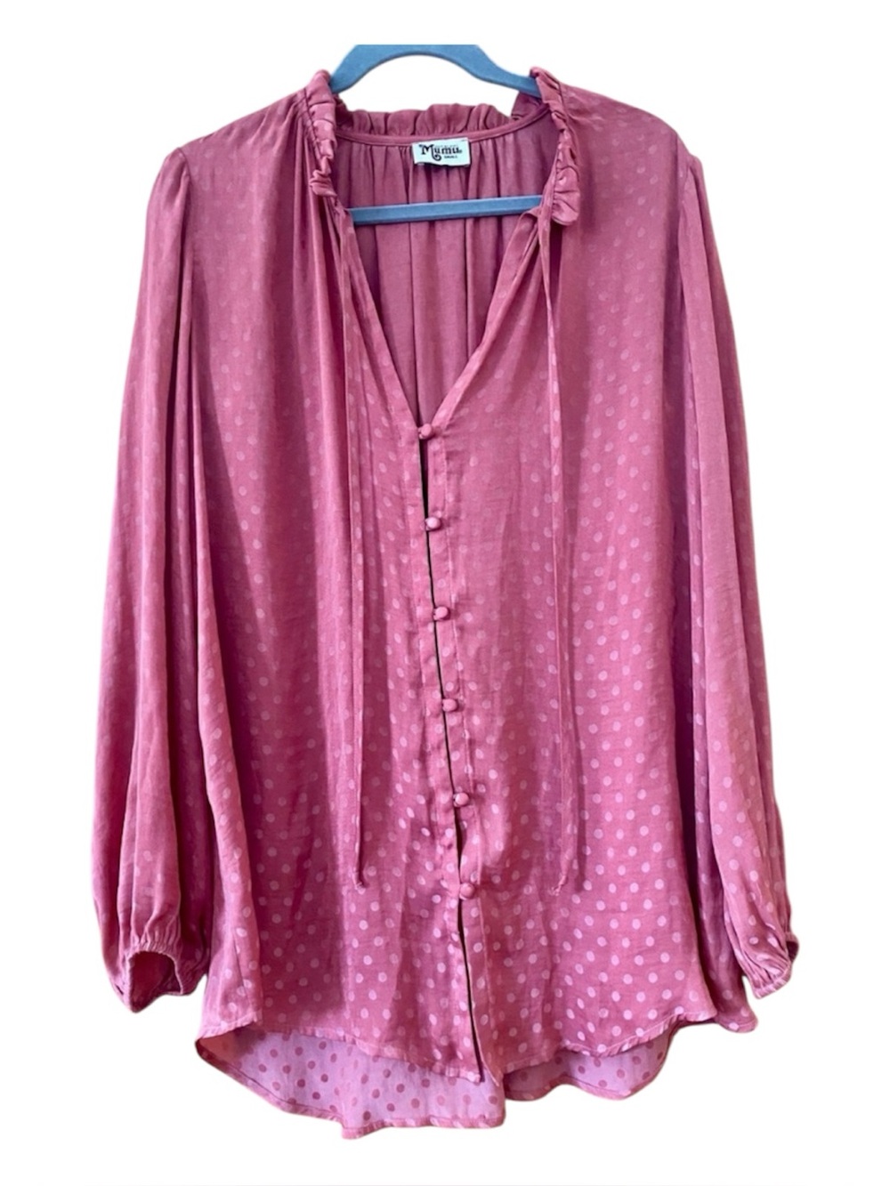 Show Me Your Mumu Swiss Dot Tie Neck Oversized Blouse Dusty Rose Pink S